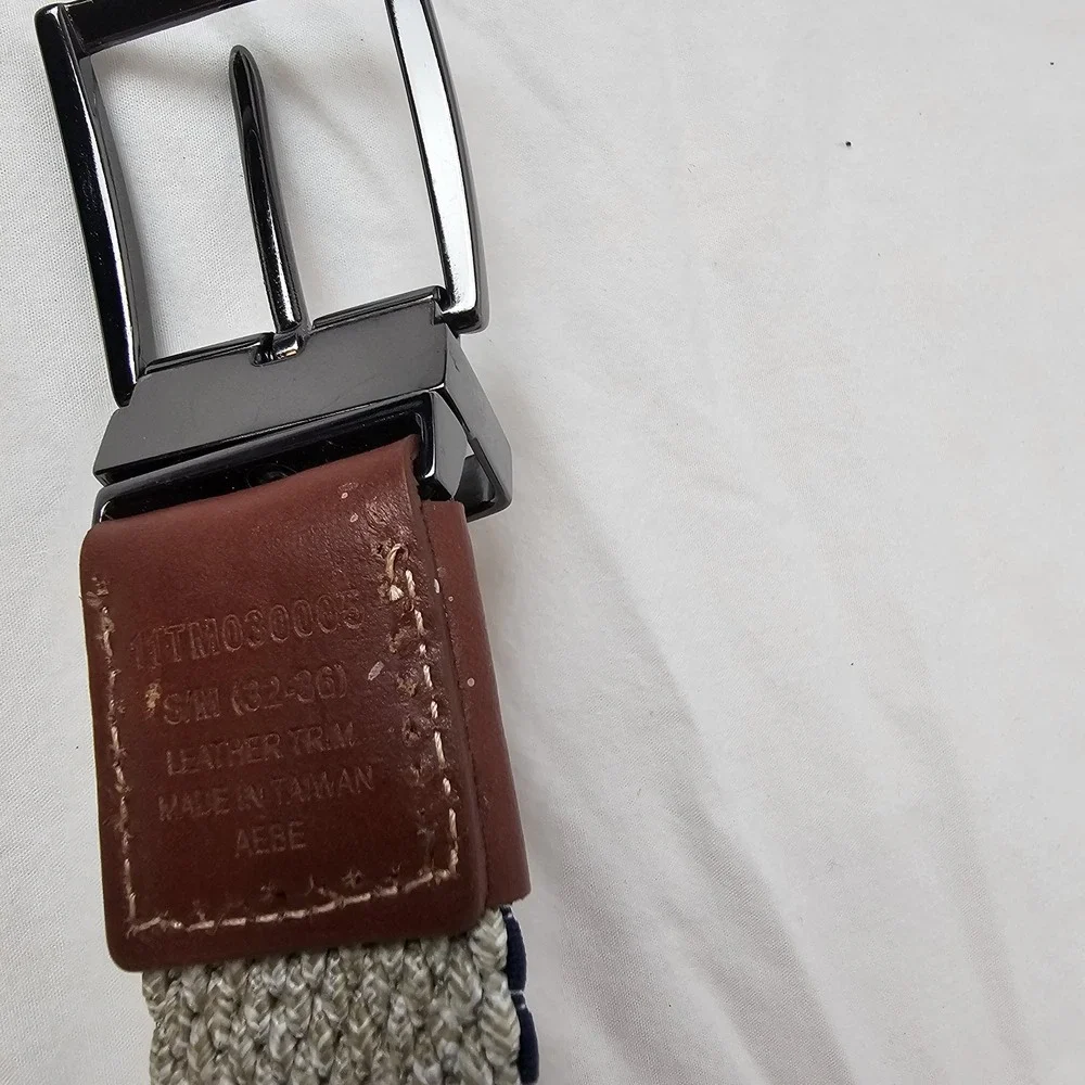 TOMMY BAHAMA Mens S M Braided Cotton Woven Blue Leather Trim Belt Silver Work